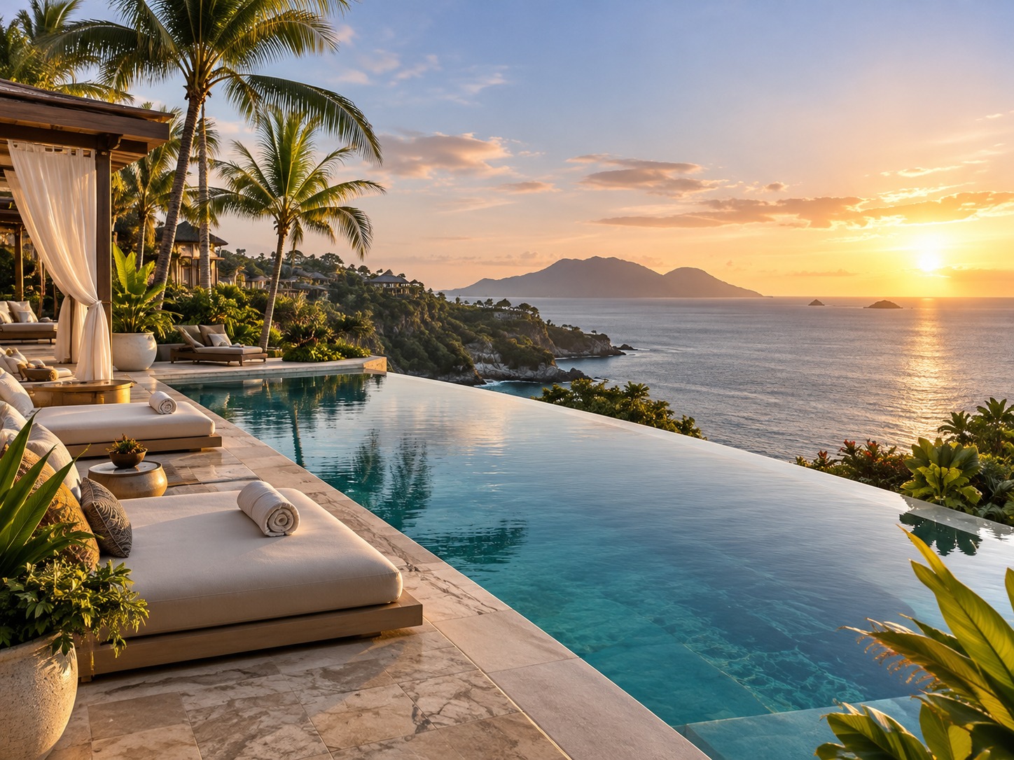 Luxury infinity pool overlooking the ocean at sunset